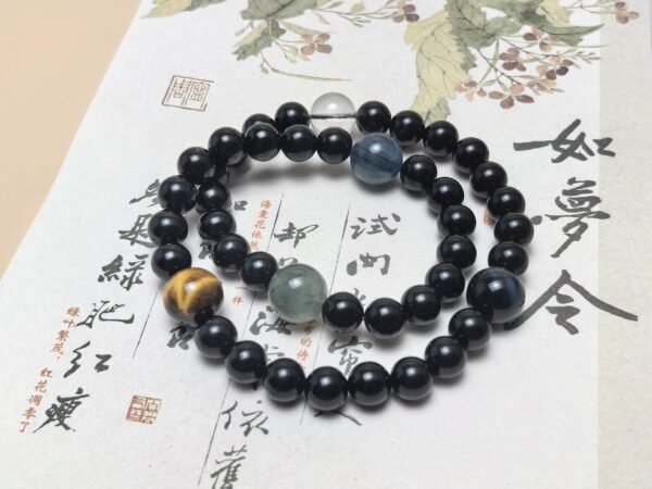 Obsidian- Green Rutile Quartz-Sodalite (4) Abyssal Nexus Strand